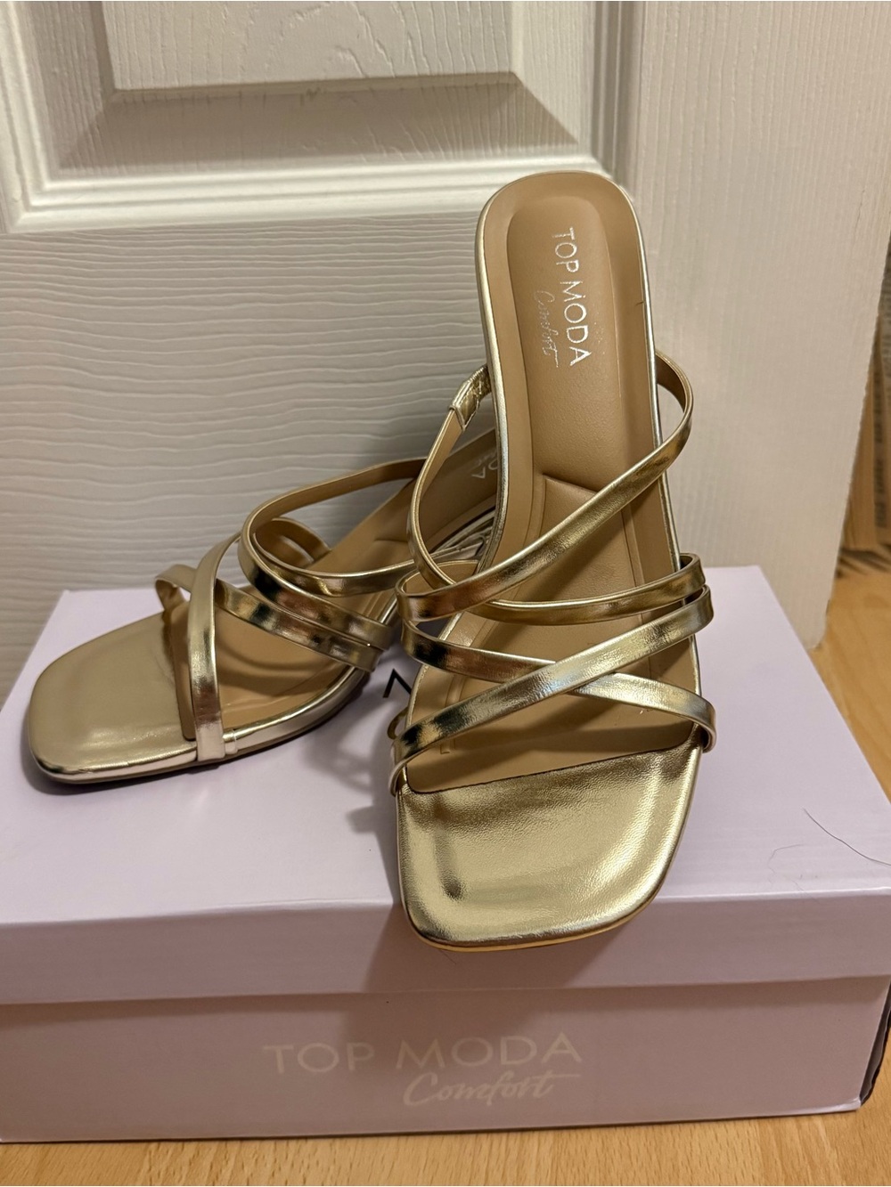 TOP Moda Metallic Gold Strappy Slide Heels